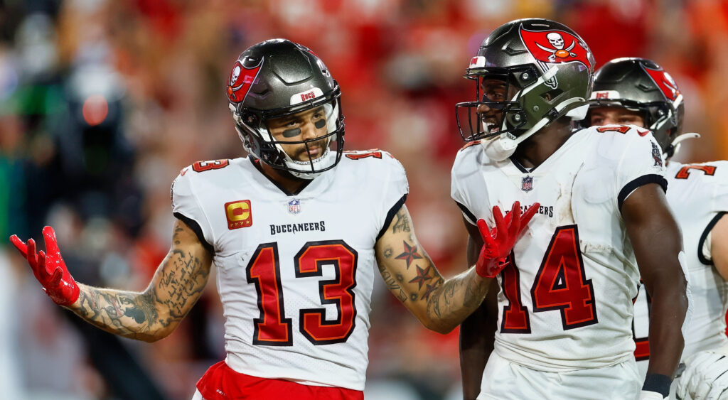 Tampa Bay Buccaneers wide receiver Mike Evans (left) celebrating with wide receiver Chris Godwin (right).