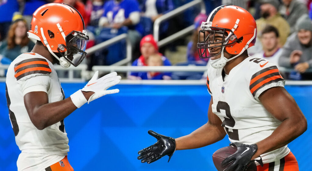 Cleveland Browns wide receivers David Bell and Amari Cooper celebrating a touchdown vs. Buffalo Bills.