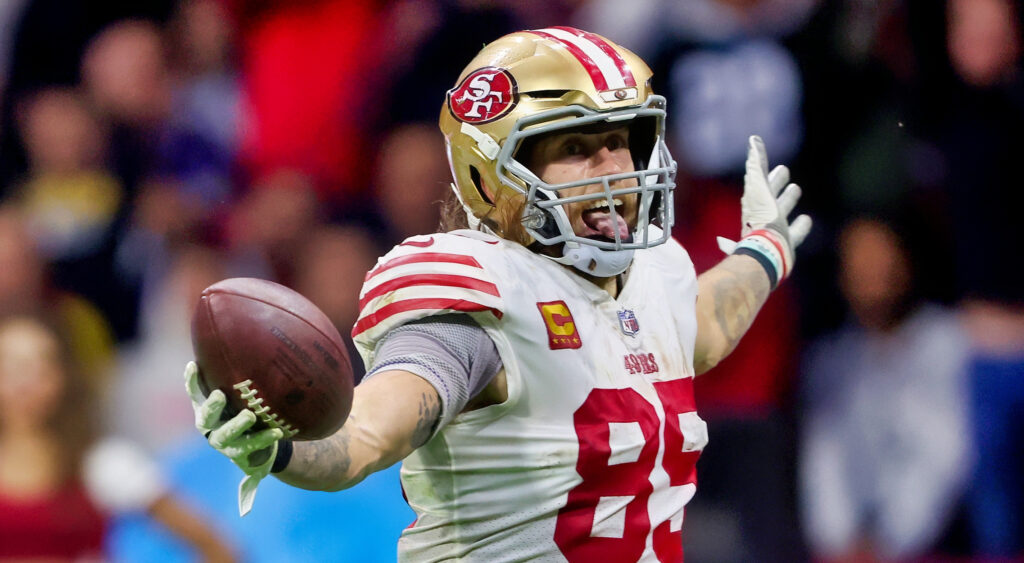 San Francisco 49ers tight end George Kittle celebrating a touchdown.
