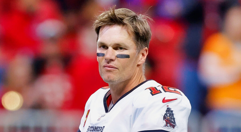Tampa Bay Buccaneers quarterback Tom Brady looking on ahead of game.