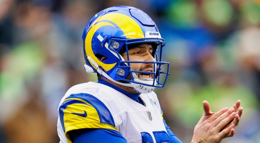 Los Angeles Rams quarterback Baker Mayfield reacting during game.