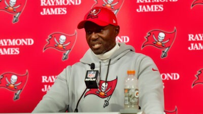 Todd Bowles of the Tampa Bay Buccaneers at podium
