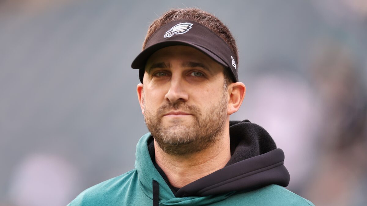 Nick Sirianni with Eagles cap and hoodie on