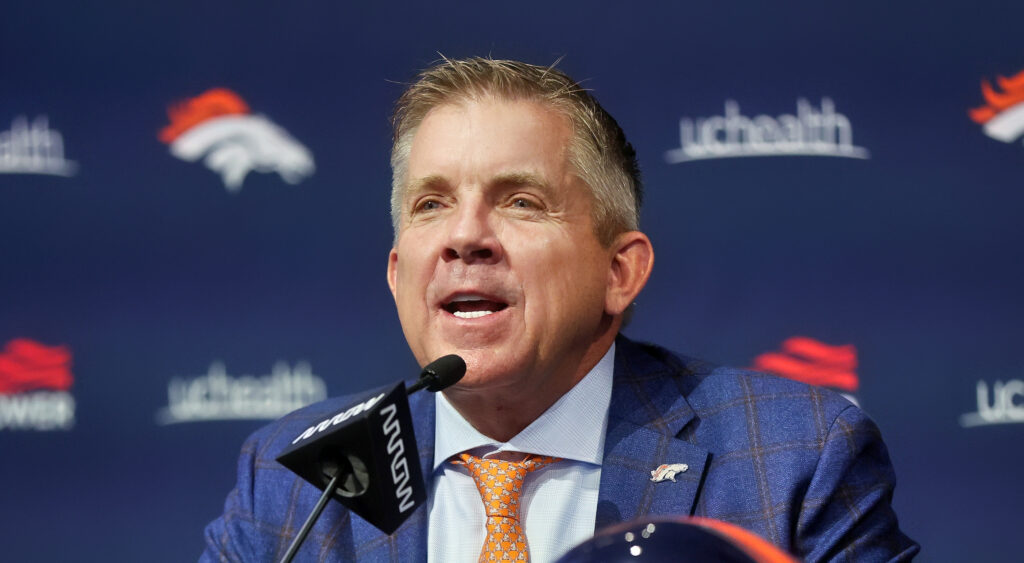 Denver Broncos head coach Sean Payton speaking to the media at a press conference.