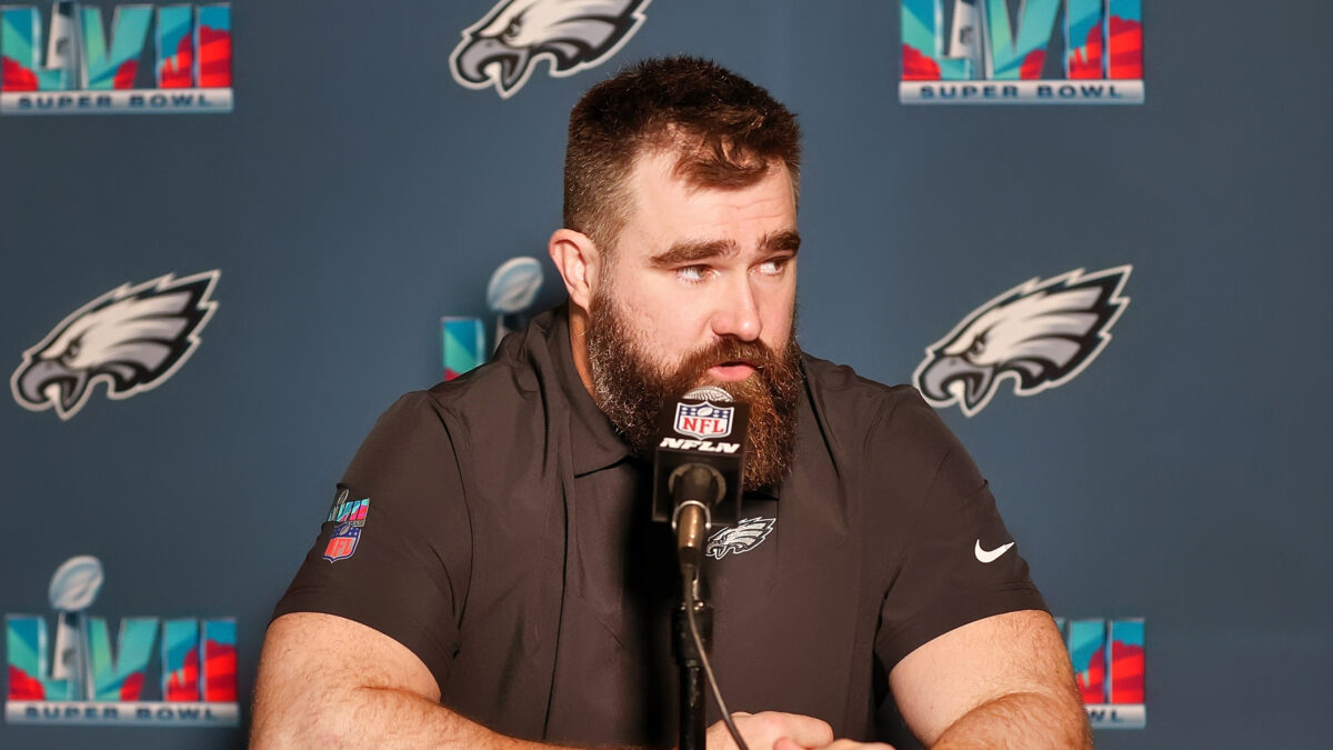 Jason Kelce speaking to reporters at press conference