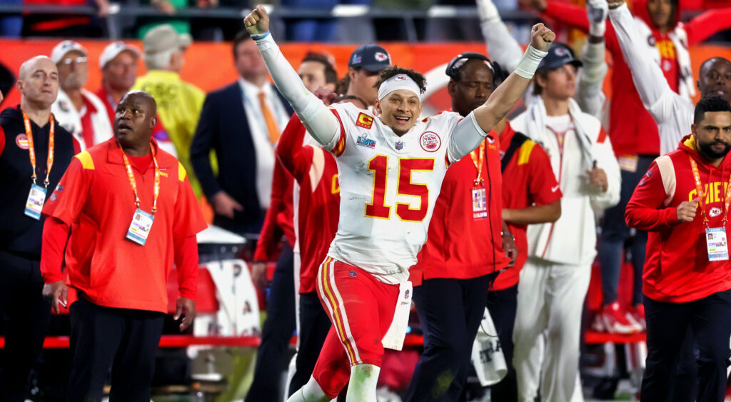 Kansas City Chiefs quarterback Patrick Mahomes celebrating in Super Bowl.