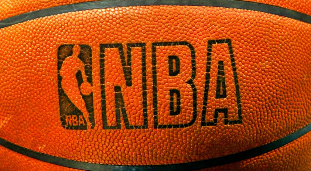 close-up of an NBA basketball.