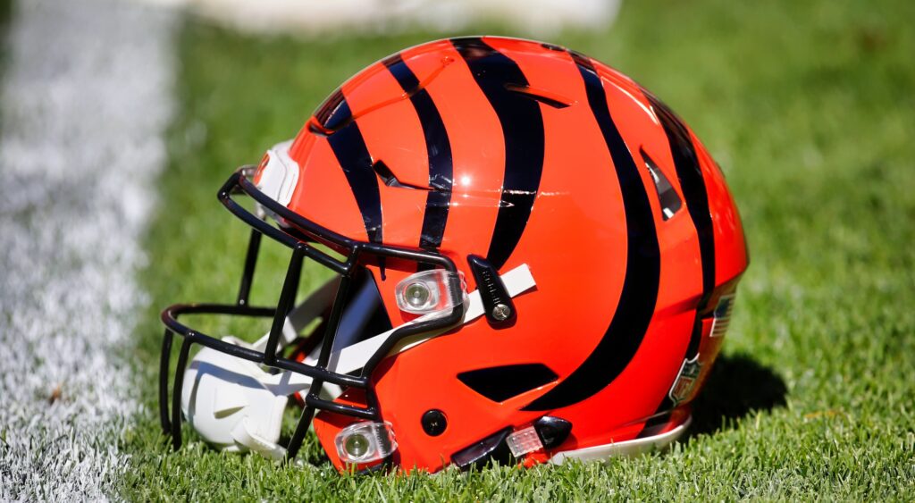 A Bengals helmet on the field.