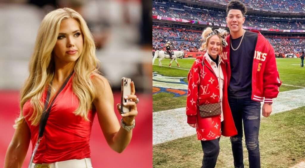 Gracie Hunt holding phone while pic shows Brittany and Jackson Mahomes posing