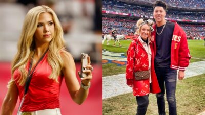 Gracie Hunt holding phone while pic shows Brittany and Jackson Mahomes posing