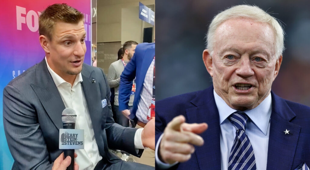 Rob Gronkowski looking on (left). Dallas Cowboys owner Jerry Jones talking with glasses in hands (right).