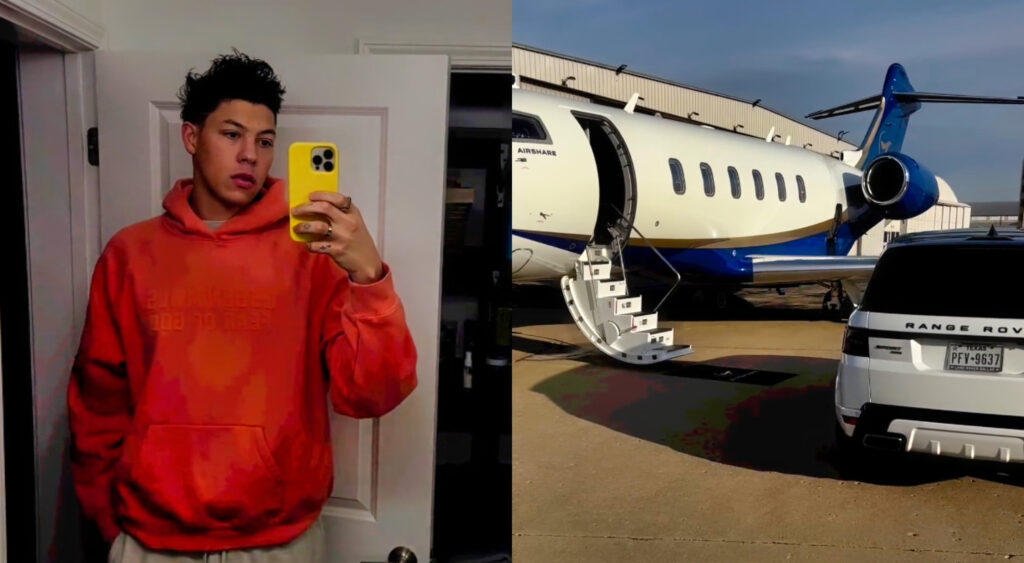 Jackson Mahomes with a mirror selfie in hoodie while picture shows private plane and range rover