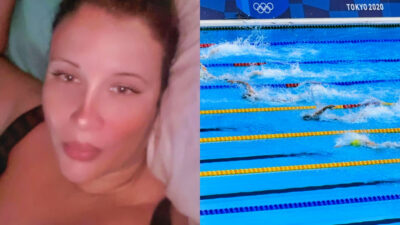 Jamie Cail taking selfie in bed while photo shows swimmers in pool