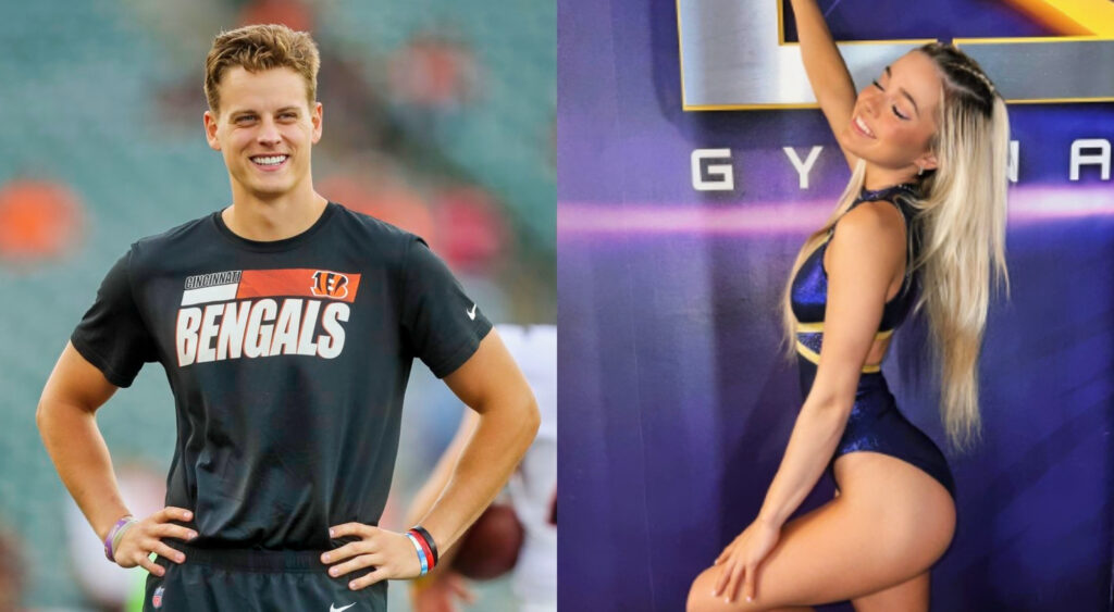 Photo of Joe Burrow smiling and photo of Olivia Dunne posing in leotard