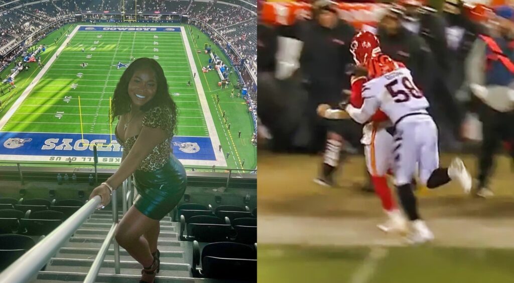 Joseph Ossai's sister posing in dress at Cowboys game, while picture shows Joseph Ossai tackling Patrick Mahomes