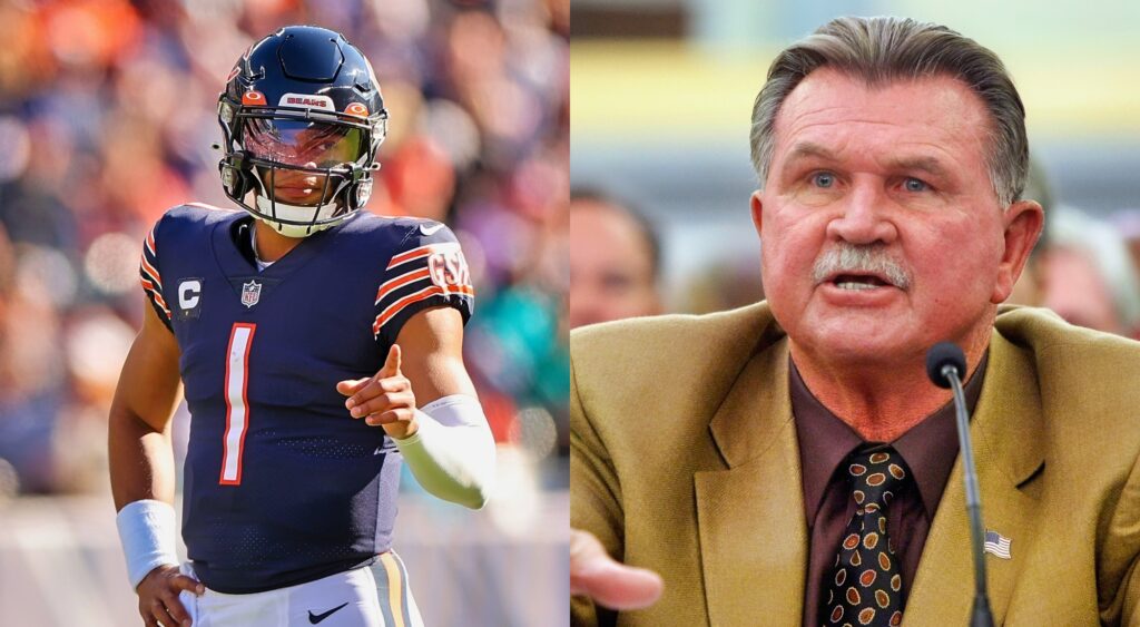 Split image of Justin Fields pointing on the field and Mike Ditka yelling at a Senate hearing.