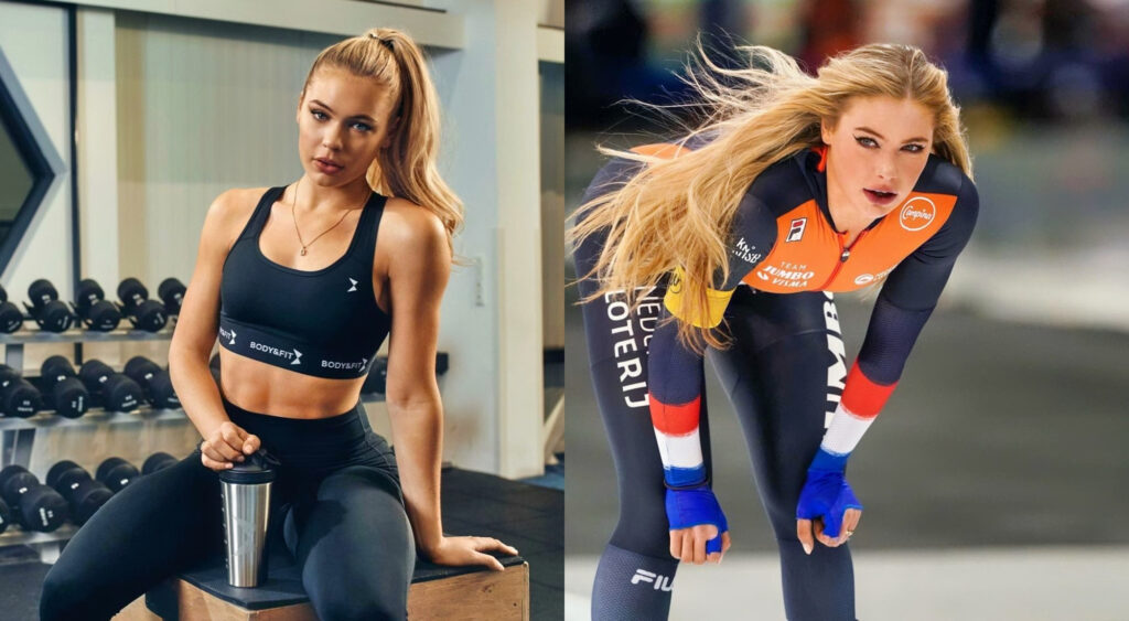 Photo of Jutta Leerdam in the gym and photo of Jutta Leerdam with her hands on her knees