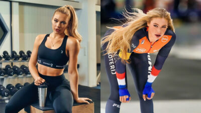 Photo of Jutta Leerdam in the gym and photo of Jutta Leerdam with her hands on her knees