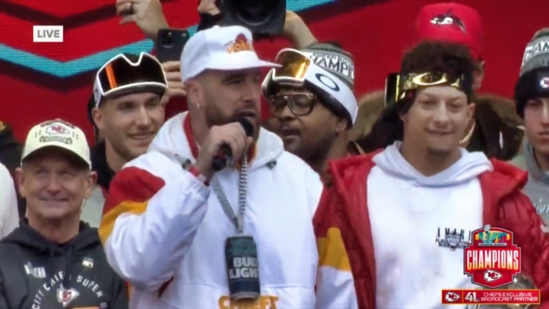 Kansas City Chiefs tight end Travis Kelce speaking at team's Super Bowl parade.