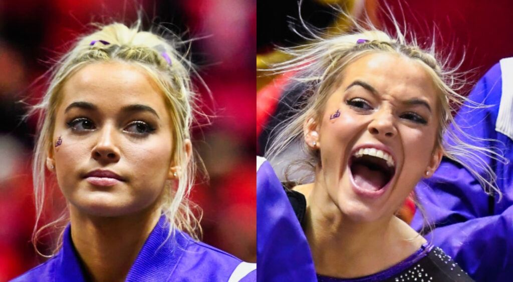 Photo of Olivia Dunne upset and photo of Olivia Dunne screaming