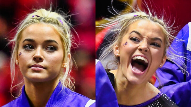 Photo of Olivia Dunne upset and photo of Olivia Dunne screaming