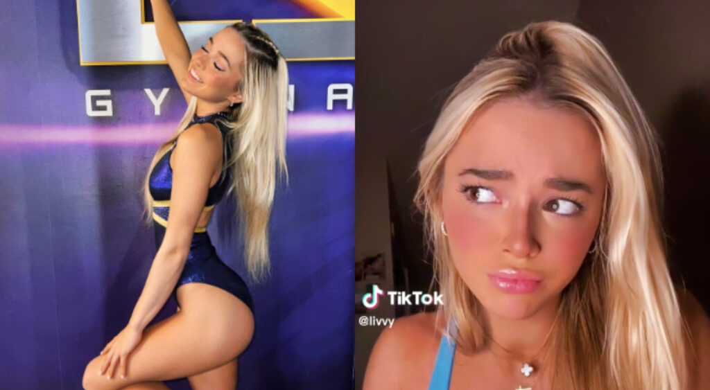 Photo of Olivia Dunne in LSU leotard and photo of Olivia Dunne in TikTok video
