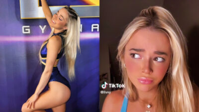 Photo of Olivia Dunne in LSU leotard and photo of Olivia Dunne in TikTok video
