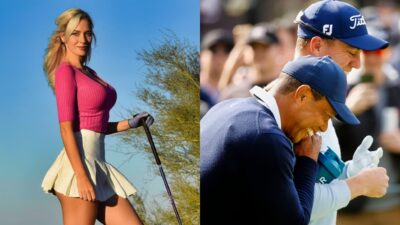 Photo of Paige Spiranac posing in miniskirt and photo of Tiger Woods and Justin Thomas laughing