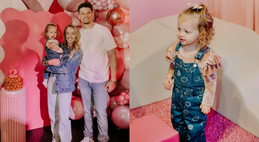 Photo of Patrick Mahomes with his wife and daughter and photo of Patrick Mahomes' daughter Sterling