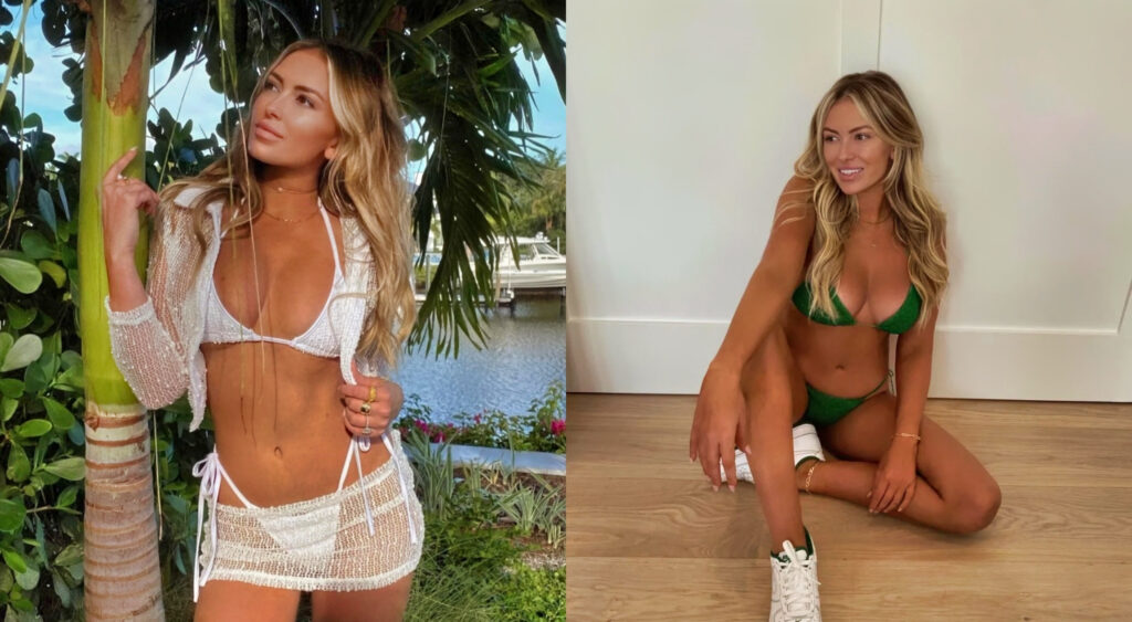 Paulina Gretzky posing in white and green bikini