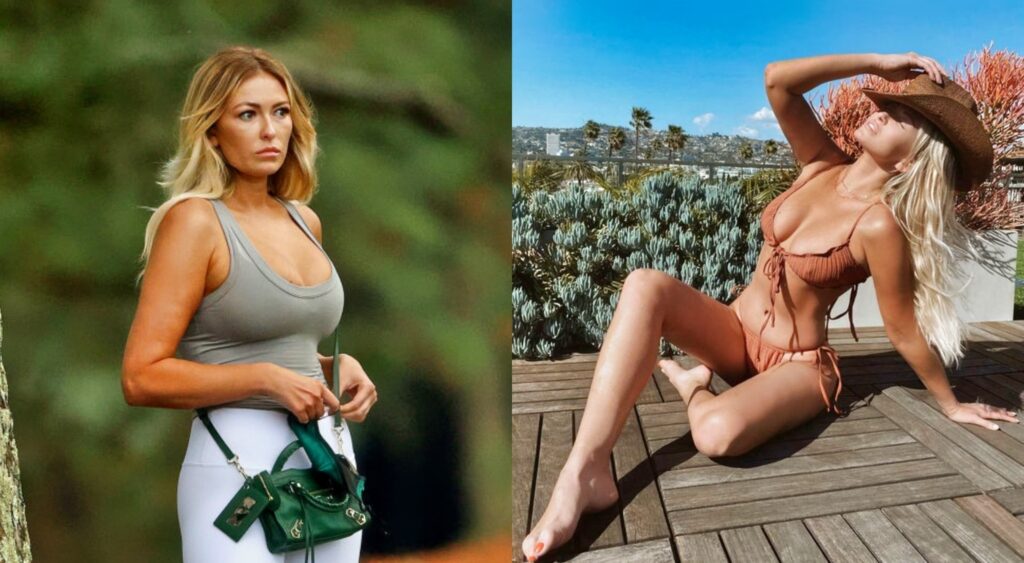 Paulina Gretzky on golf course while picture shows her posing in burnt orange bikini