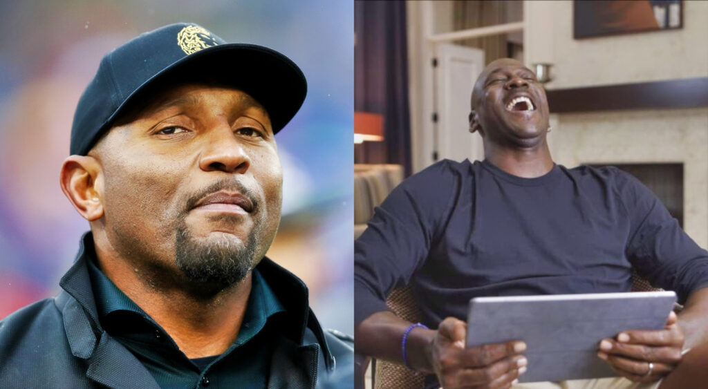 Photo of Ray Lewis smirking and photo of Michael Jordan laughing