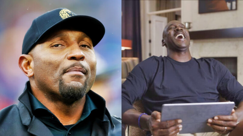 Photo of Ray Lewis smirking and photo of Michael Jordan laughing