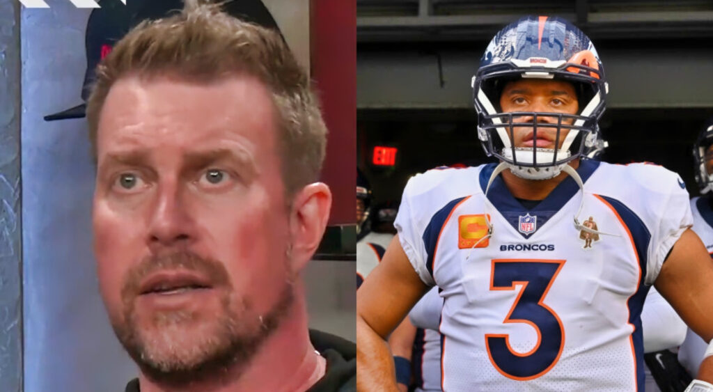 Ryan Leaf staring forward while picture shows Russell Wilson in uniform