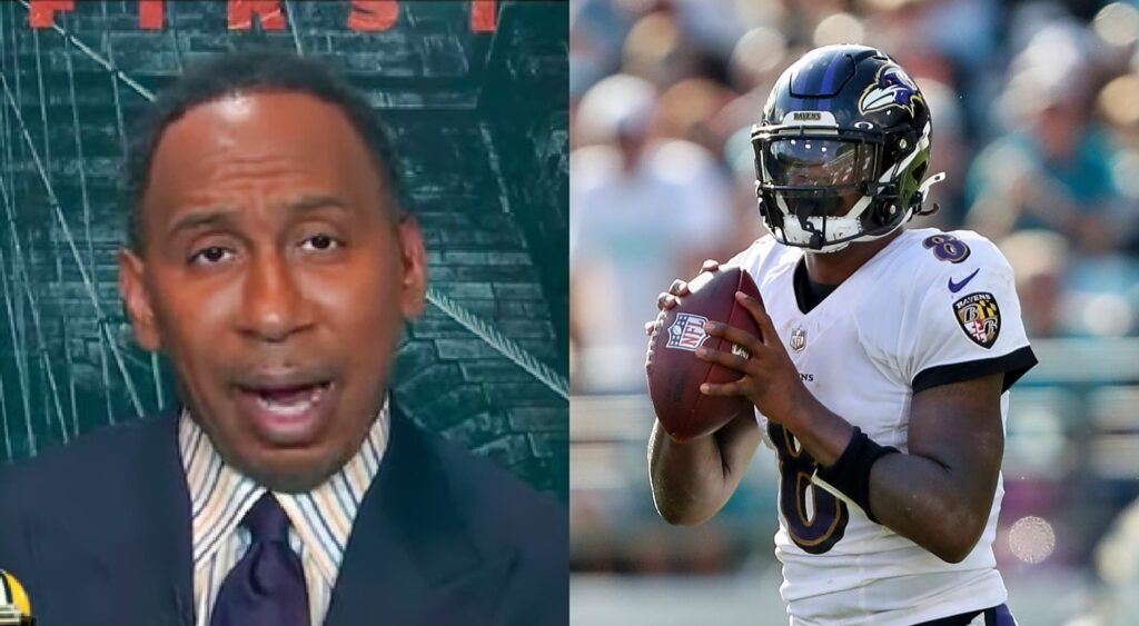 Photo of Stephen A. Smith on First Take and photo of Lamar Jackson holding a football