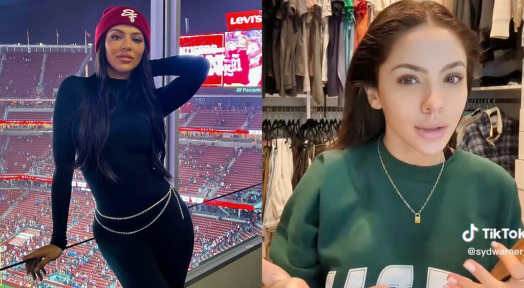 Photo of Sydney Warner posing in 49ers had and photo of Sydney Warner on TikTok