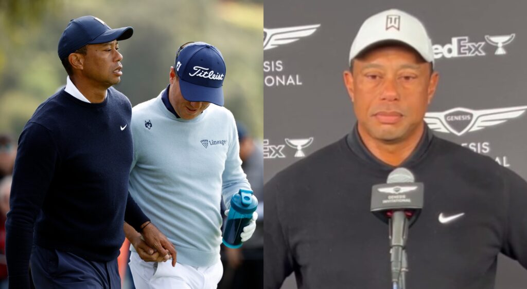 Photo of Tiger Woods handing Justin Thomas a tampon and photo of Tiger Woods apologizing for it