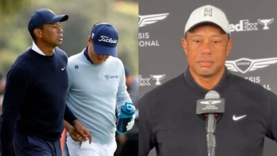Photo of Tiger Woods handing Justin Thomas a tampon and photo of Tiger Woods apologizing for it