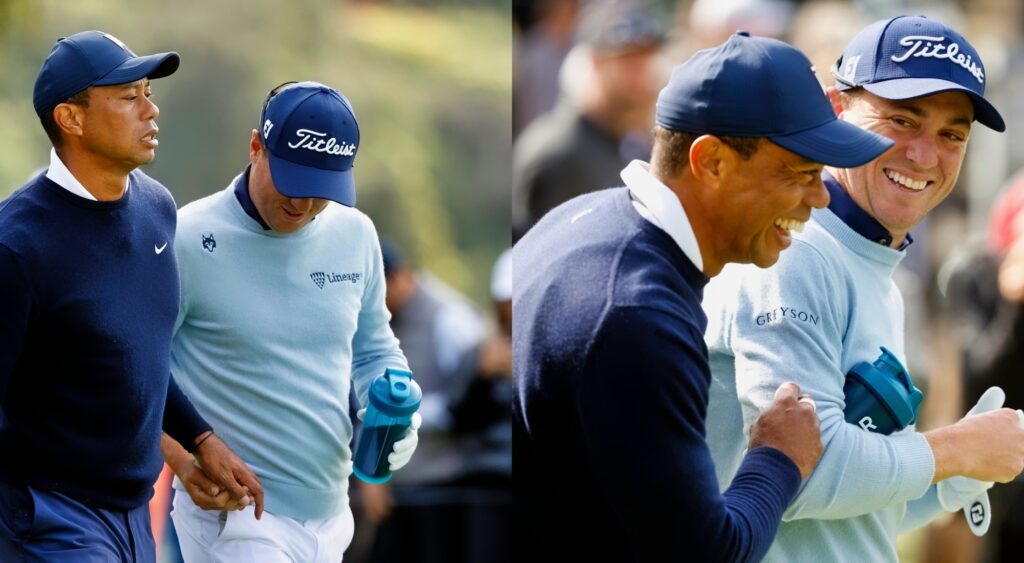 Photos of Tiger Woods handing Justin Thomas something and sharing a laugh with him