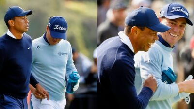 Photos of Tiger Woods handing Justin Thomas something and sharing a laugh with him