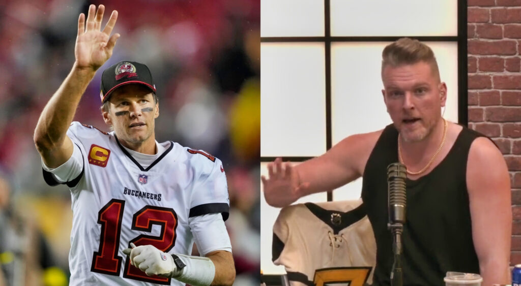 Photo of Tom Brady waving and photo of Pat McAfee on his podcast