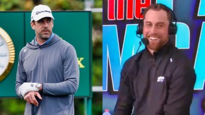 Aaron Rodgers on golf course while picture shows Adam Thielen smiling