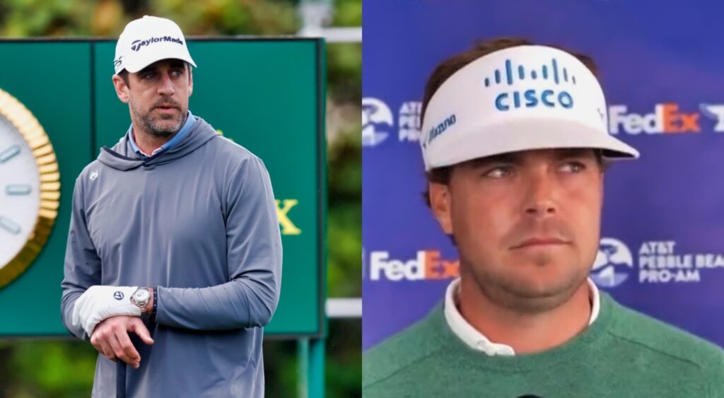 Aaron Rodgers on the golf course while picture shows Keith Mitchell at podium