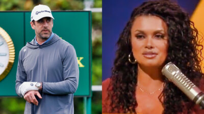 Aaron Rodgers on golf course while Joy Taylor has mic in front of her face