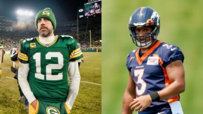 Aaron Rodgers in uniform while picture shows Russell Wilson in uniform