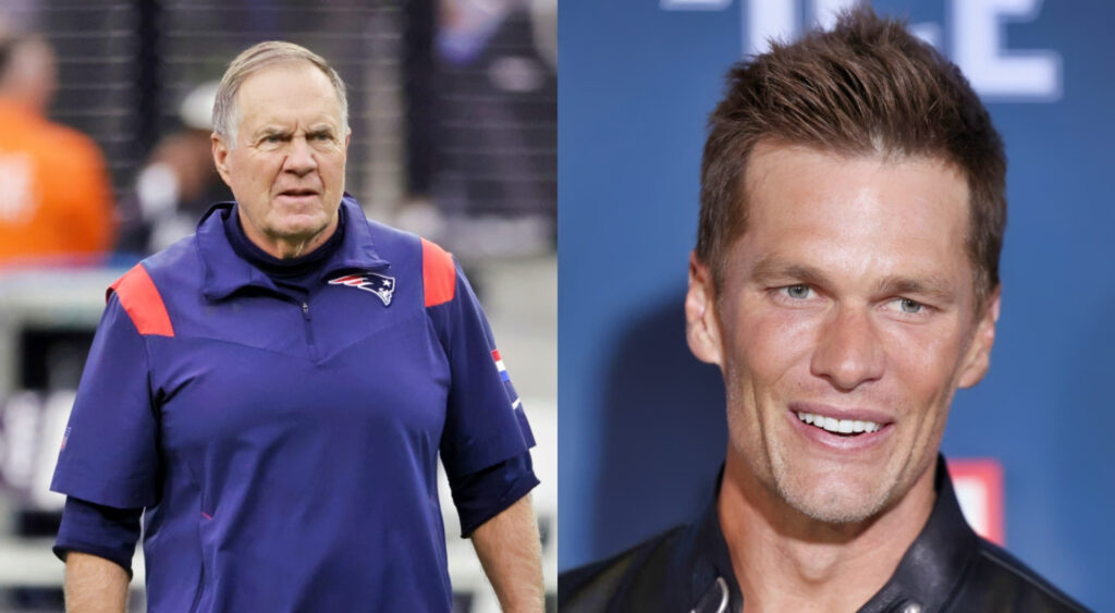 Bill Belichick in Pats gear and Tom Brady smiling