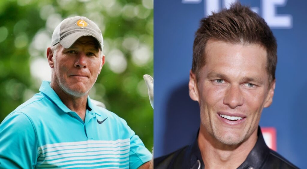 Brett Favre in golfing attire while picture shows Tom Brady smiling