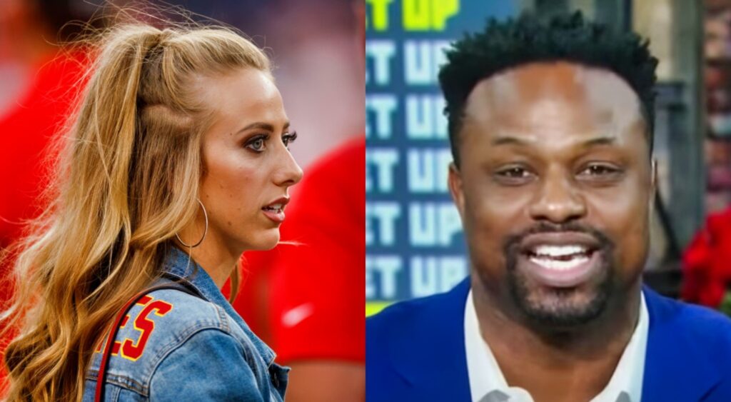 brittany mahomes staring while picture shows Bart Scott in blue suit