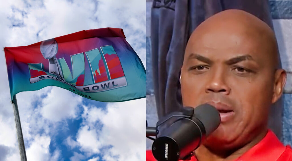 Super Bowl 57 flag. Charles Barkley with mic in front of his face