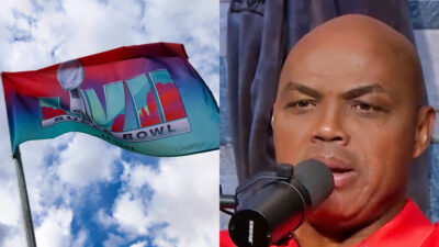 Super Bowl 57 flag. Charles Barkley with mic in front of his face